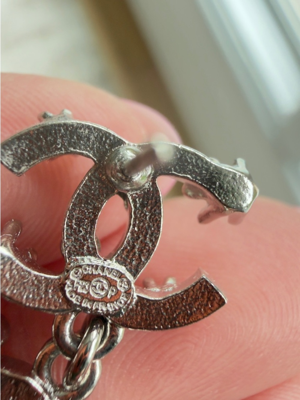 Chanel Silver Crystal Logo Drop Earrings - Picture 2 of 4